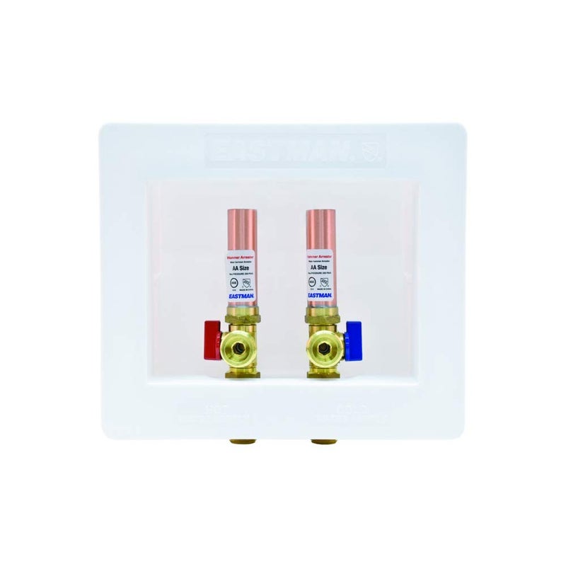 Eastman 1/2 Inch Sweat Connection Dual Drain Washing Machine Outlet Box with Hammer Arrestors and Quarter Turn Ball Valves, White, 60252 - Image 3